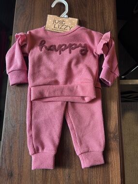 Kids Pink 'Happy' Ribbed Matching Set by